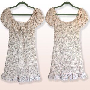Blush Smocked Floral Mini Dress Cap Sleeves Tie Front Ruffle Hem Size Jr L